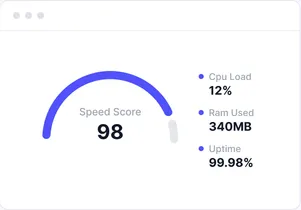 A speed score of 98 with CPU, RAM and uptime stats