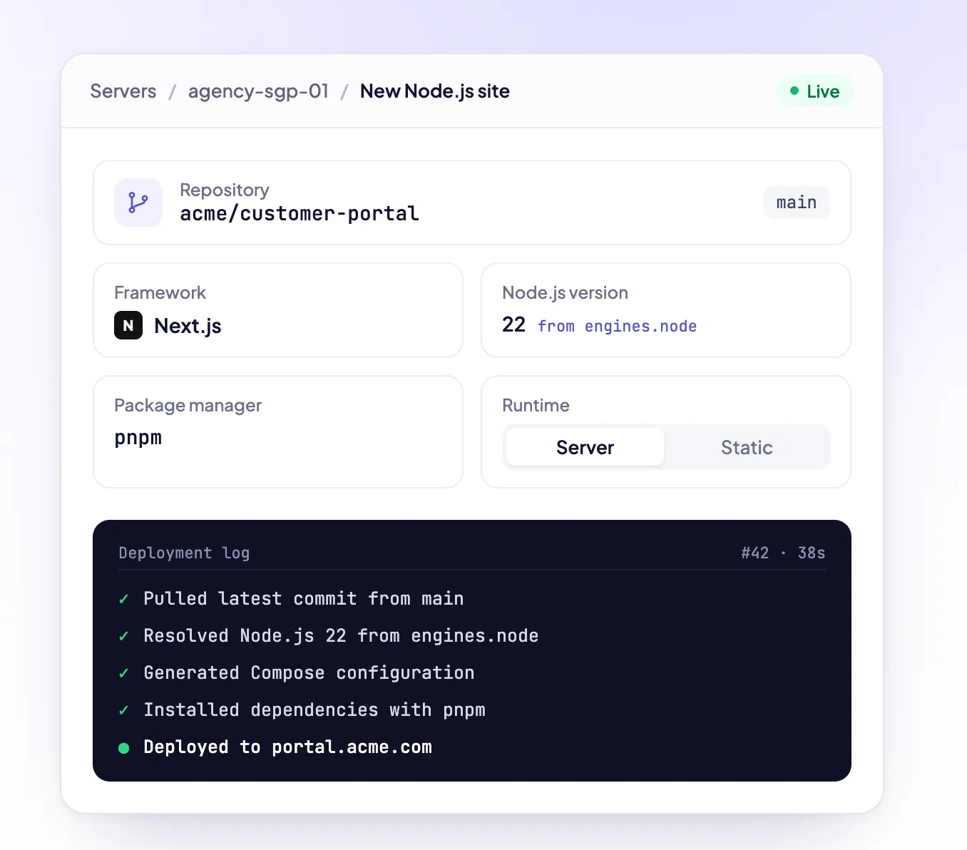 Deploying a Next.js site in FlyWP: the repository, Node.js 22 from engines.node, pnpm, the Server runtime and a deployment log