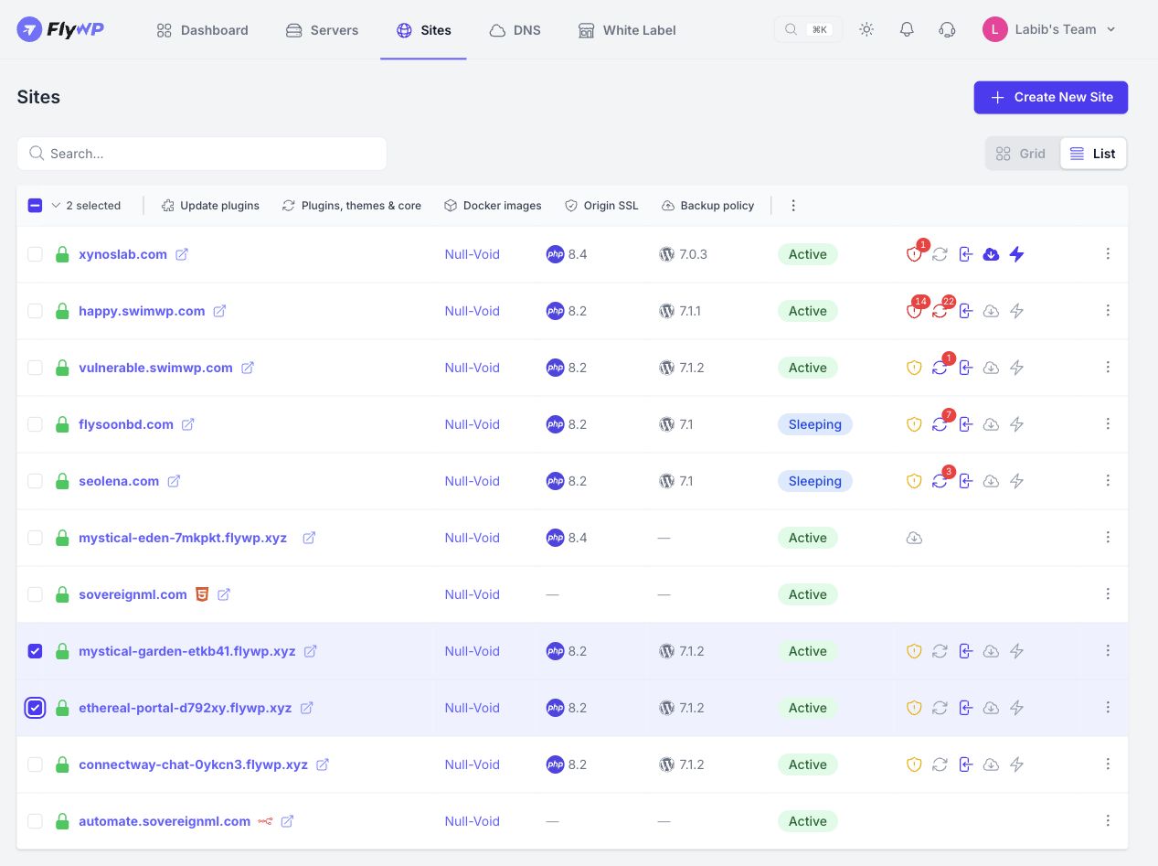 Sites → List → select sites. The toolbar appears after selection.