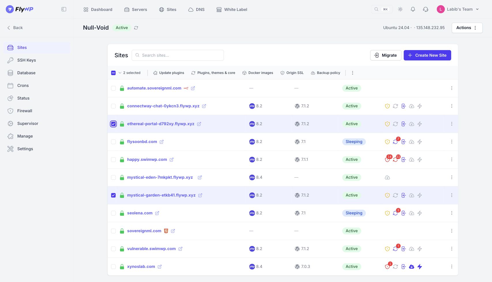 Server → Sites → select sites. The same bulk controls are available.