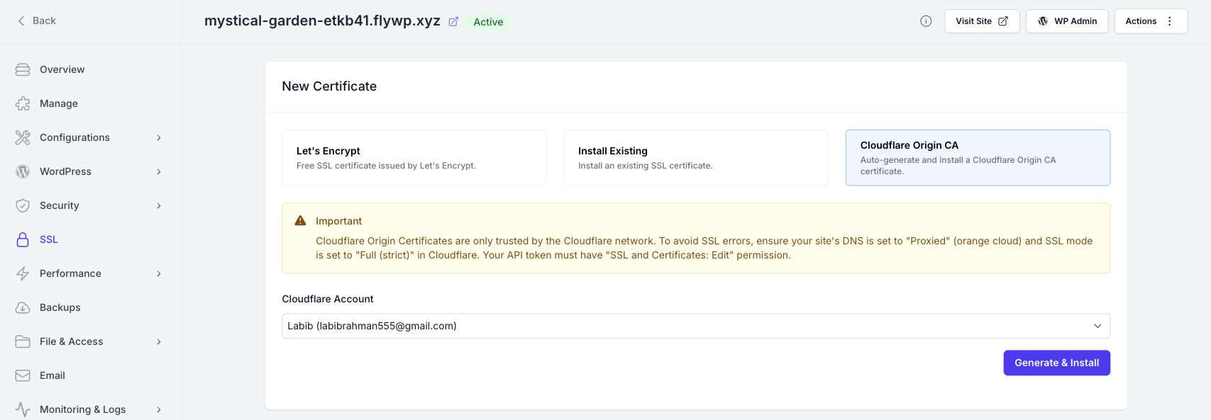 Site → SSL → Cloudflare Origin CA. The page explains proxy, SSL mode and API token requirements.