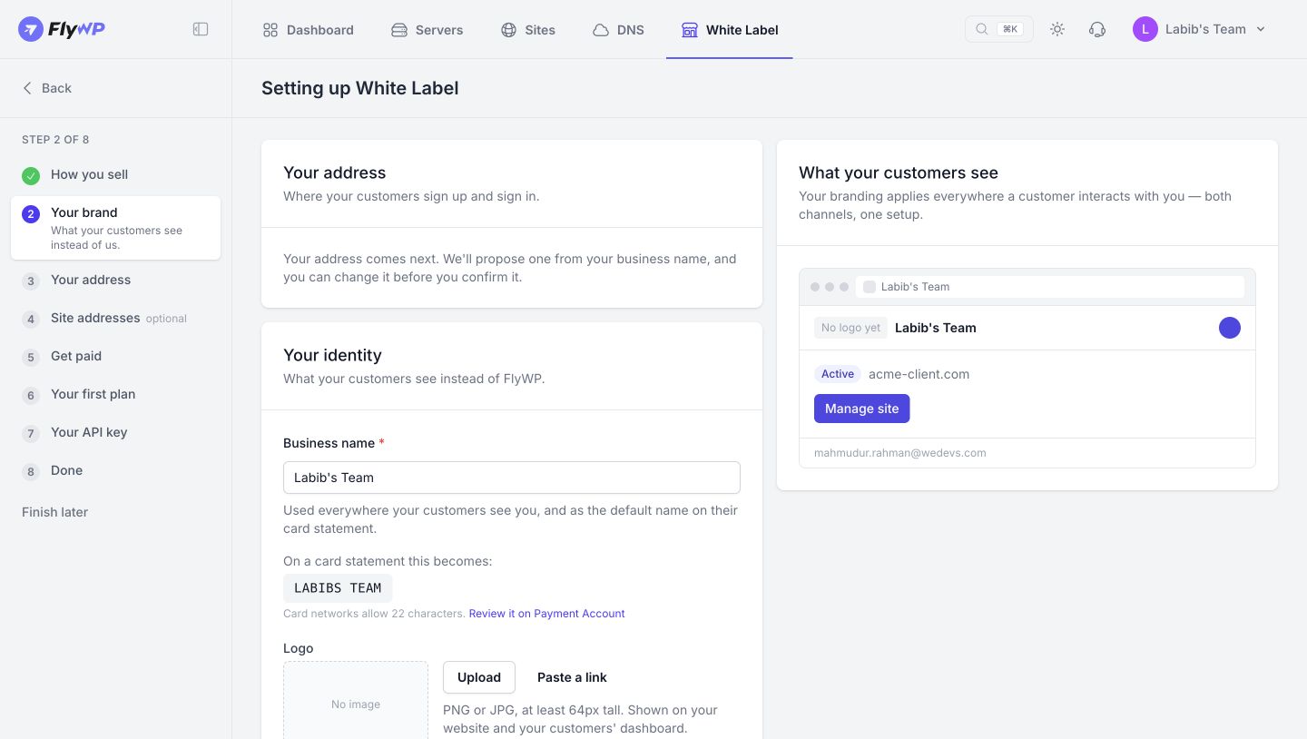 Step 2 Set up your brand. Enter your business name and review the customer preview.