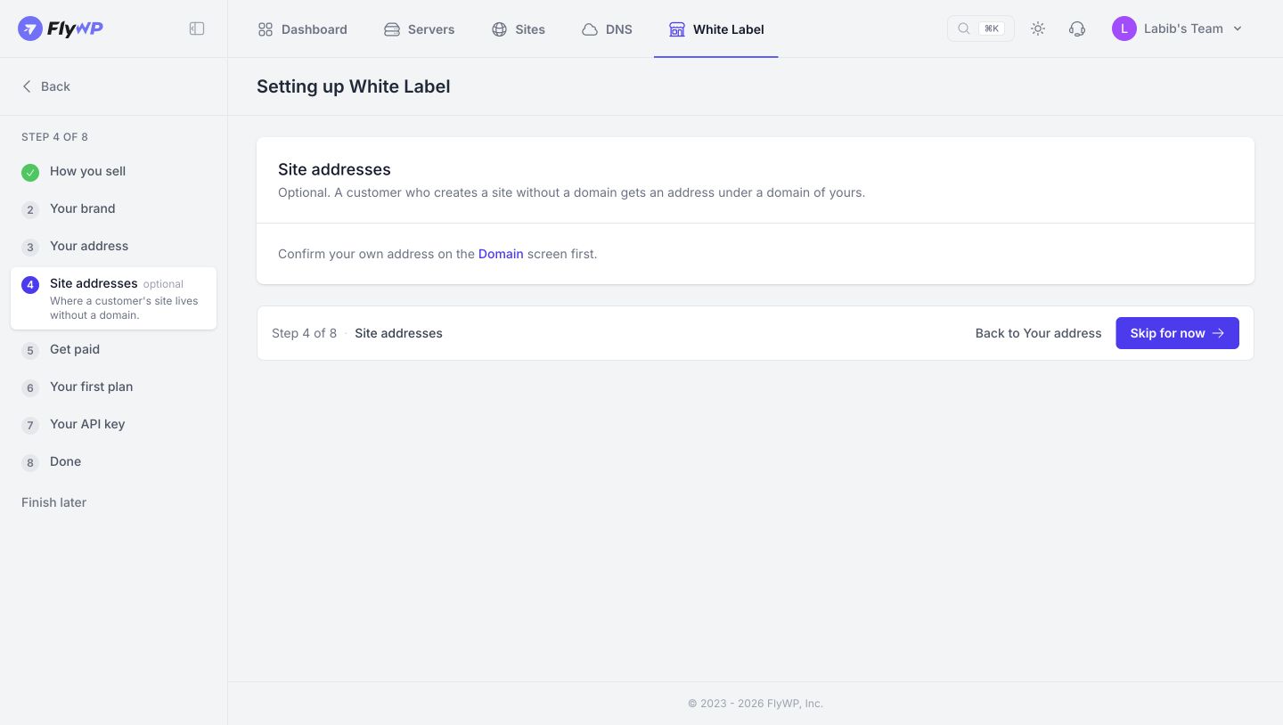 Step 4 Optional site addresses. Confirm Your address first to unlock these settings, or select Skip for now.