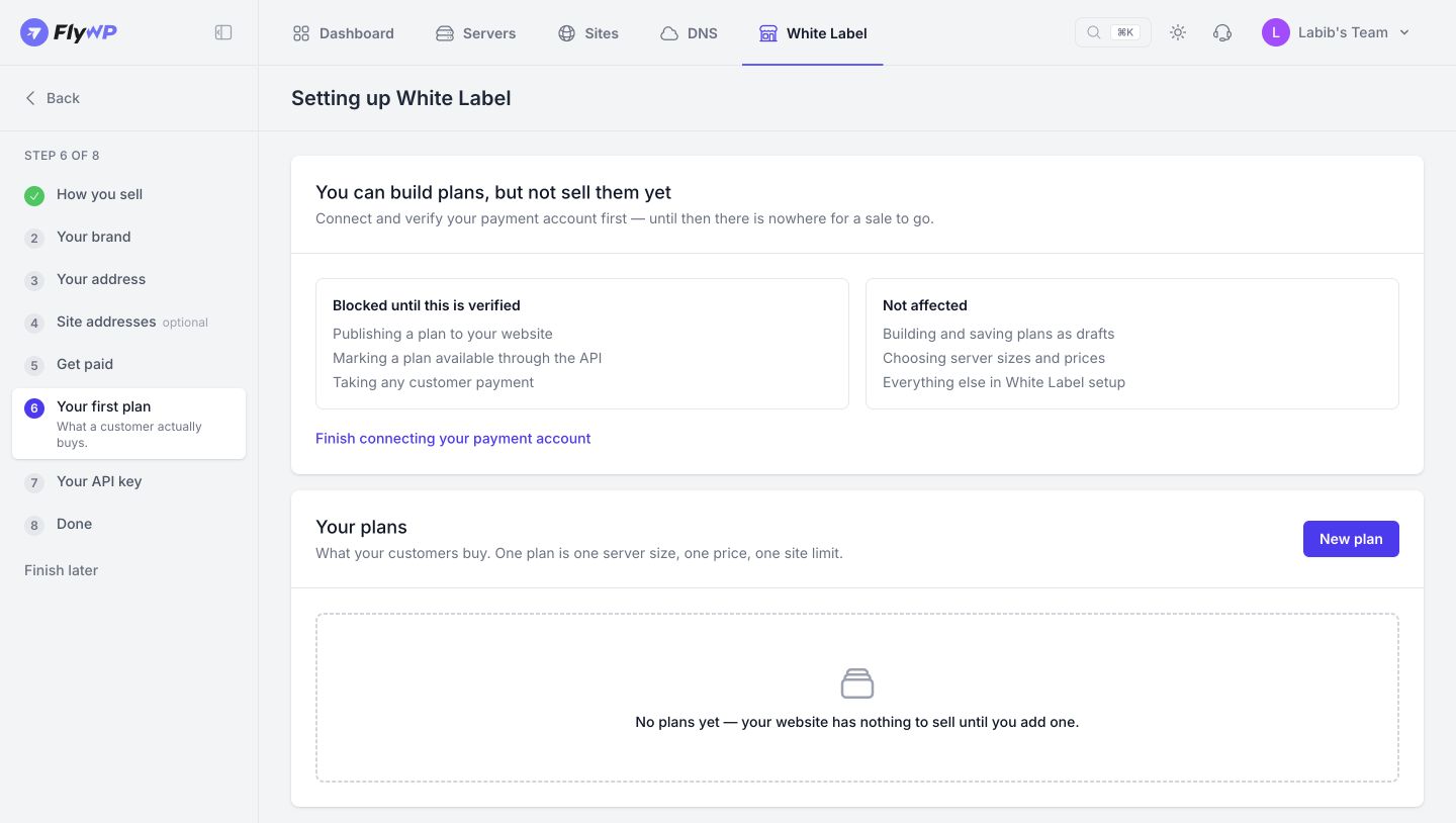 Step 6 Open your plans. Select New plan to configure your first hosting offer.