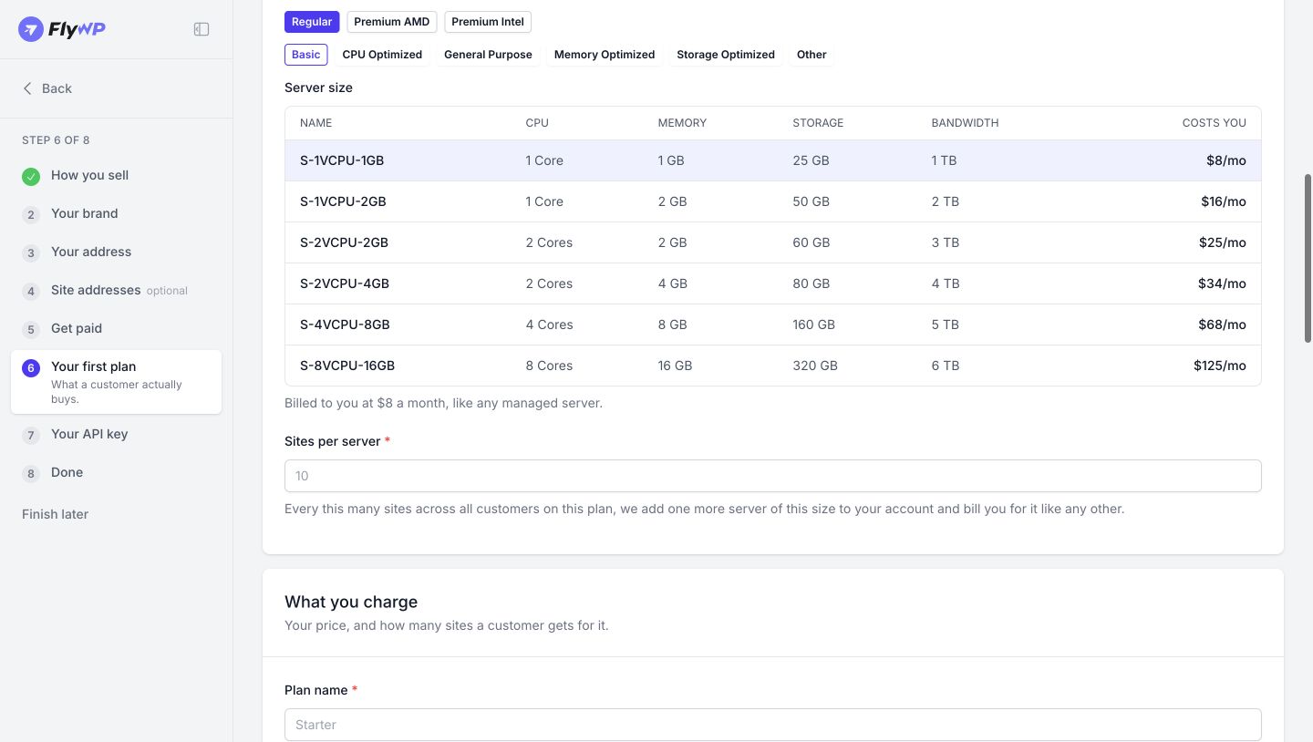 Step 6 Choose server capacity. Select the server size and Sites per server, then enter the plan name.