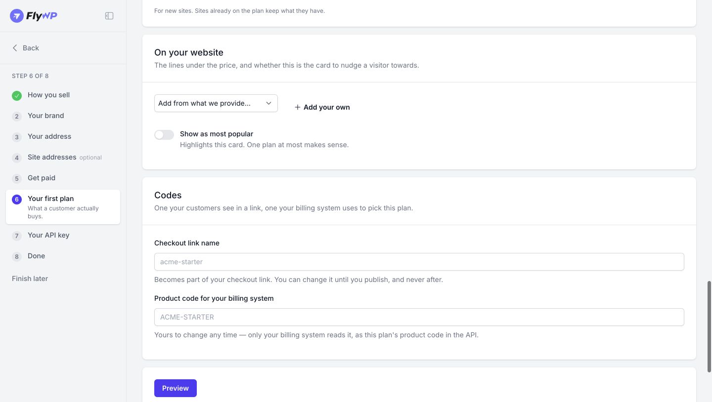 Step 6 Prepare the plan card. Choose the storefront features and enter the checkout and billing identifiers.