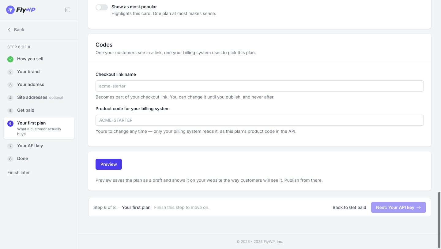 Step 6 Preview the plan. Review both codes, then select Preview to save a draft and inspect the plan.