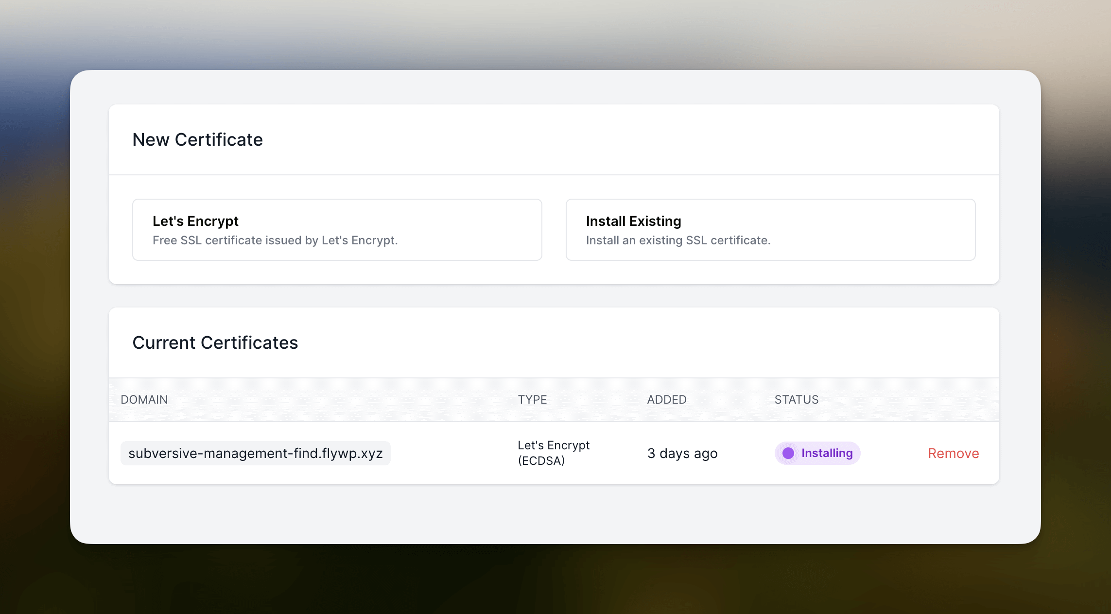 FlyWP Enhanced SSL Manager interface showing Let's Encrypt and custom SSL certificate installation options