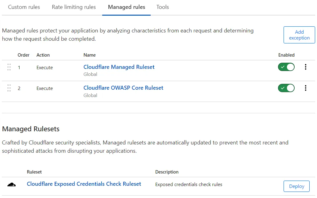Enable managed rules: Enable Core Rulesets: