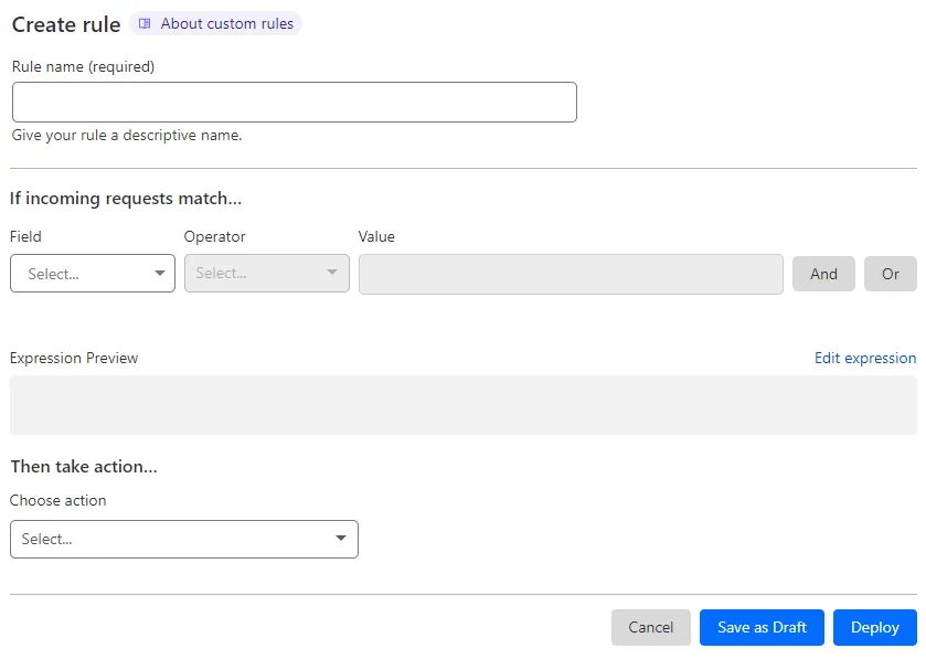 Custom Cloudflare rules: Hit the blue Create Rule button.