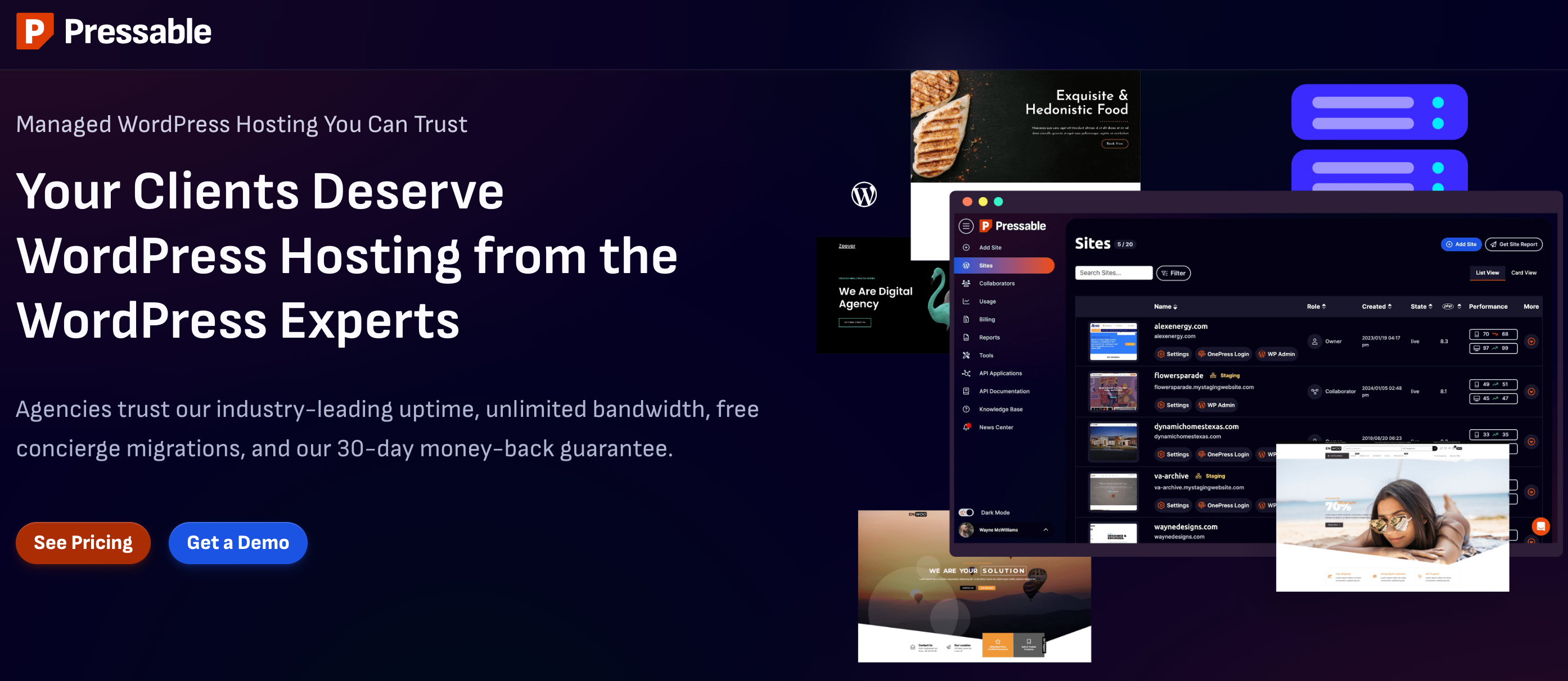 Pressable managed WordPress hosting homepage showing 'Your Clients Deserve WordPress Hosting from the WordPress Experts' with dashboard interface and site management features