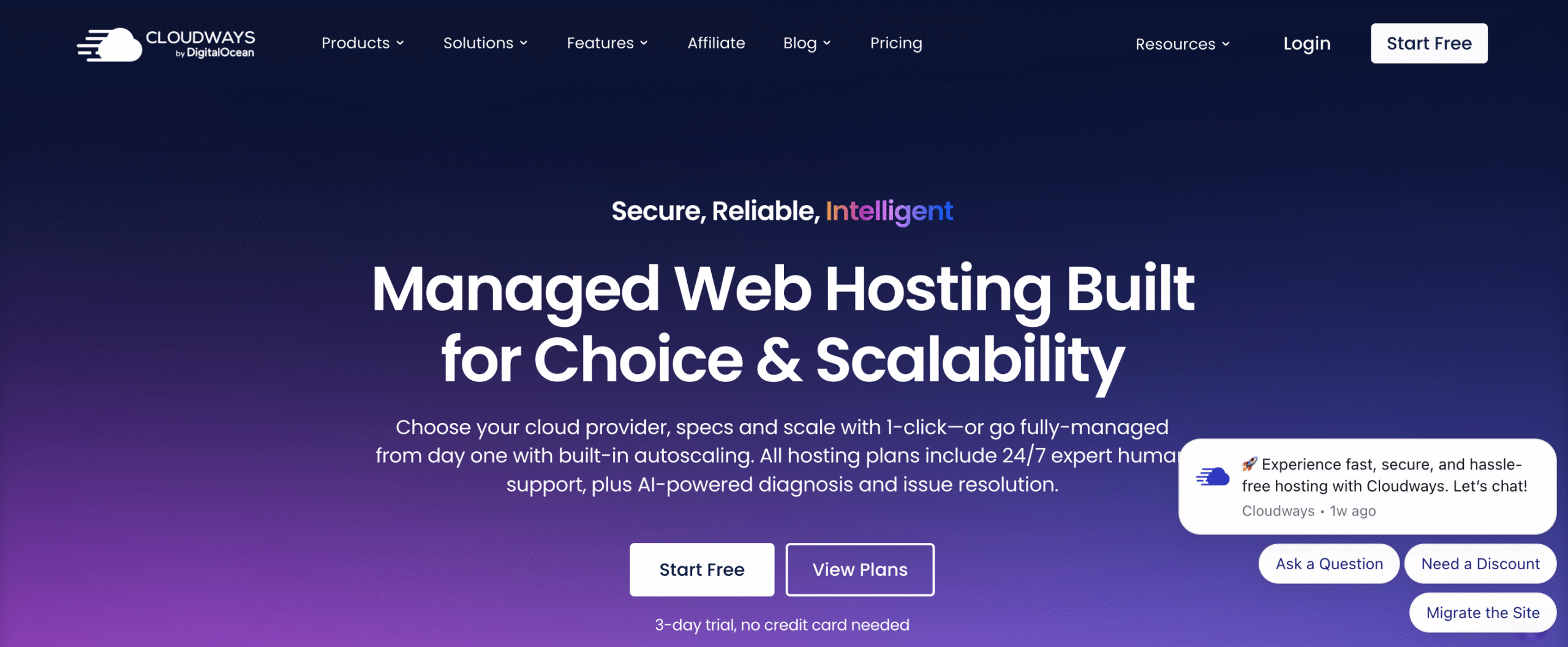 Cloudways web hosting pricing page showing 'Web Hosting Built for Choice & Scalability' with Start Free and View Plans buttons, featuring managed hosting options