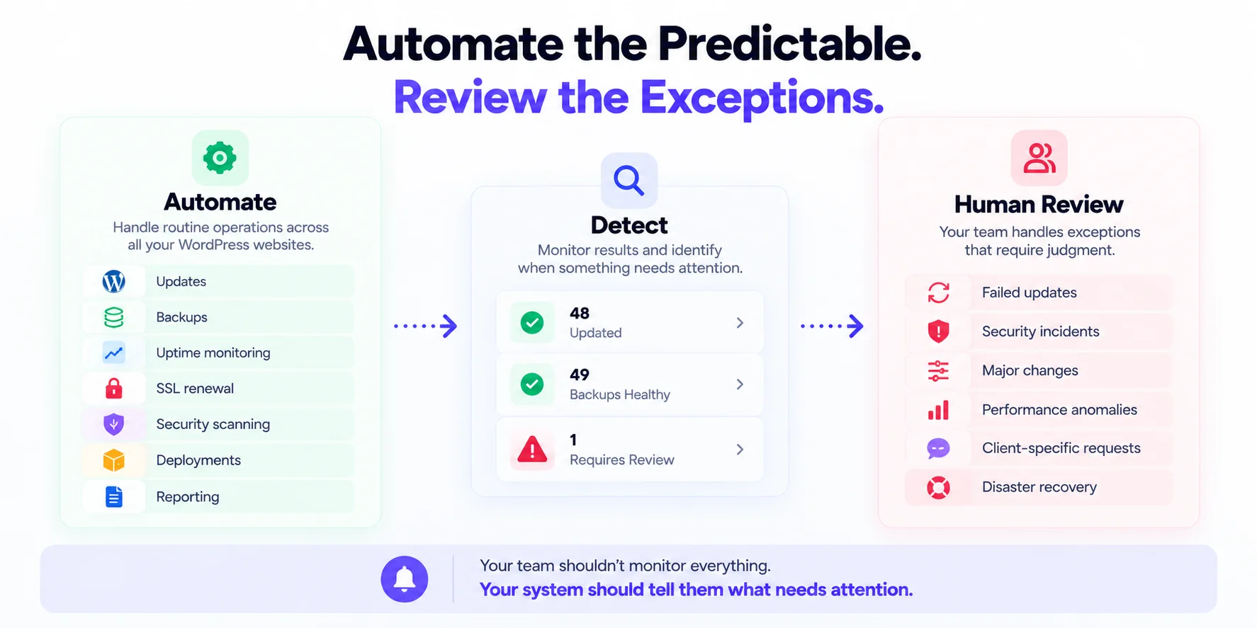 Automate the predictable, review the exceptions: automation handles updates, backups, uptime monitoring, SSL renewal, security scanning, deployments and reporting, detection surfaces what needs attention, and your team reviews failed updates, security incidents and other exceptions
