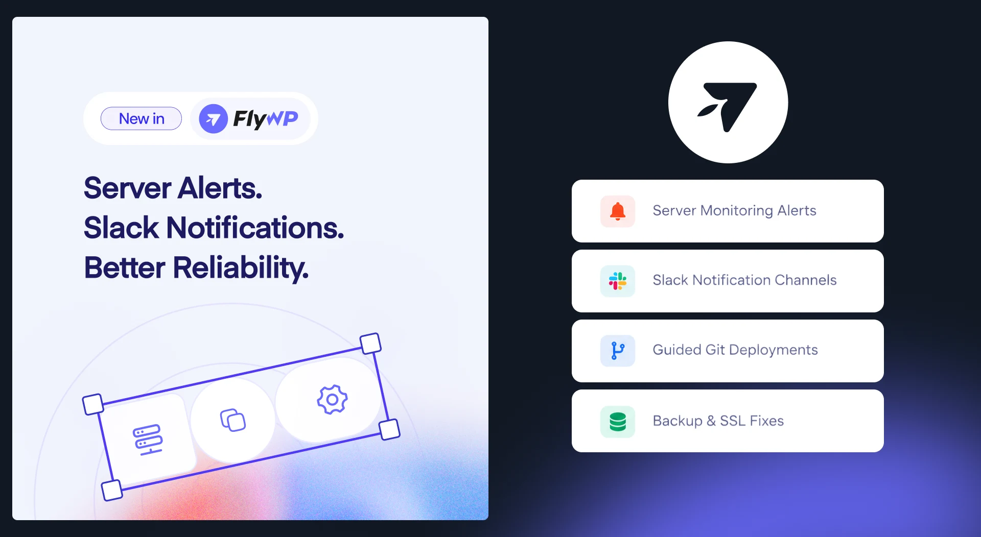 FlyWP release featuring server monitoring alerts, Slack notification channels, and guided Git deployments.