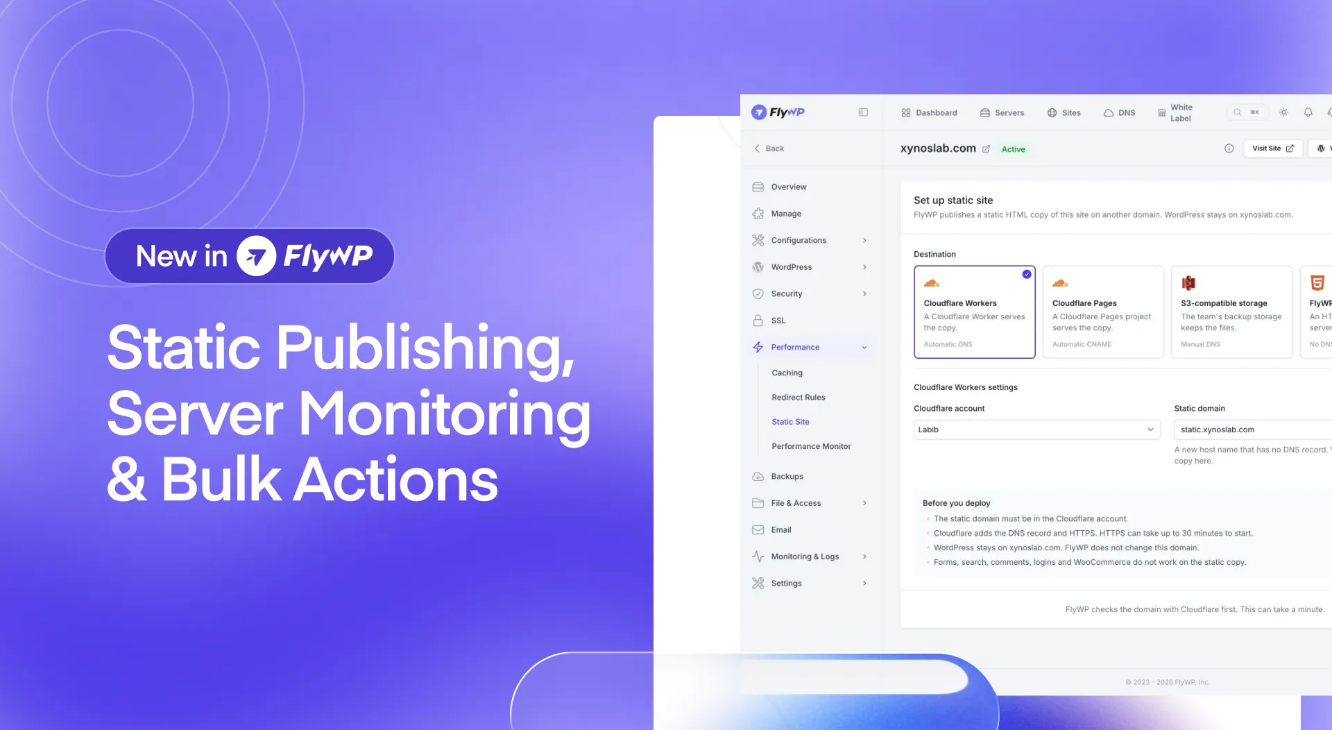 New in FlyWP: Static Site Publishing, Server Monitoring & Bulk Actions