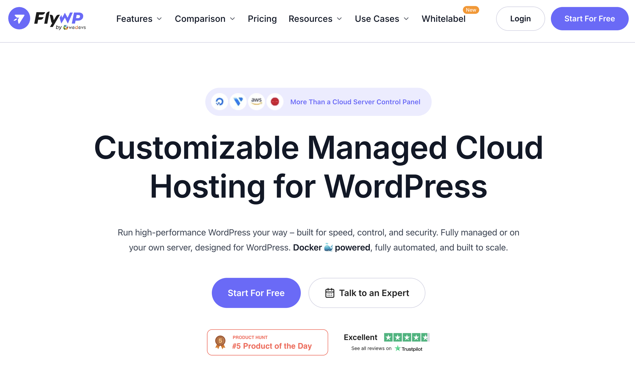 FlyWP homepage hero reading "Customizable Managed Cloud Hosting for WordPress" with Start For Free and Talk to an Expert buttons
