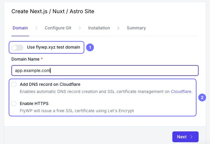FlyWP Domain step with the test domain toggle and the Cloudflare DNS and HTTPS options highlighted