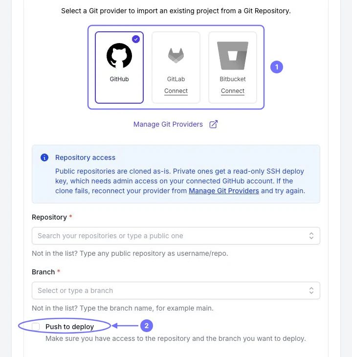 FlyWP Git provider choice and Push to deploy option highlighted