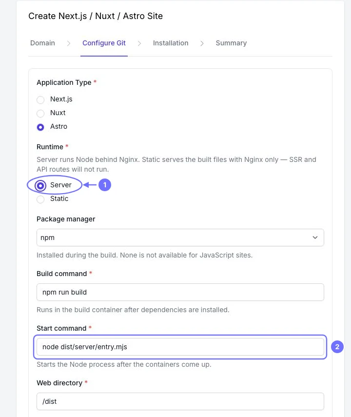 FlyWP Configure Git step for an Astro server site with the Server runtime and start command highlighted