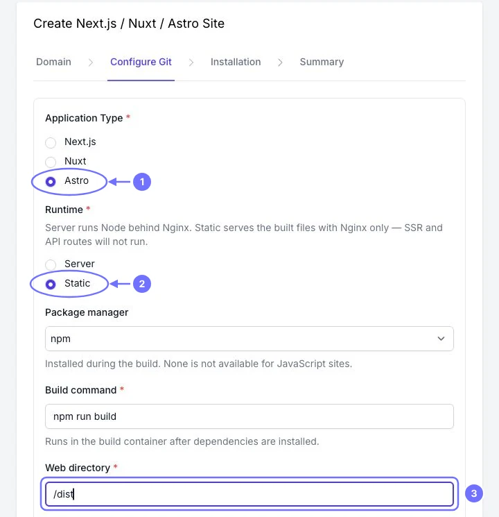 FlyWP Configure Git step for an Astro static site with application type, runtime and web directory highlighted