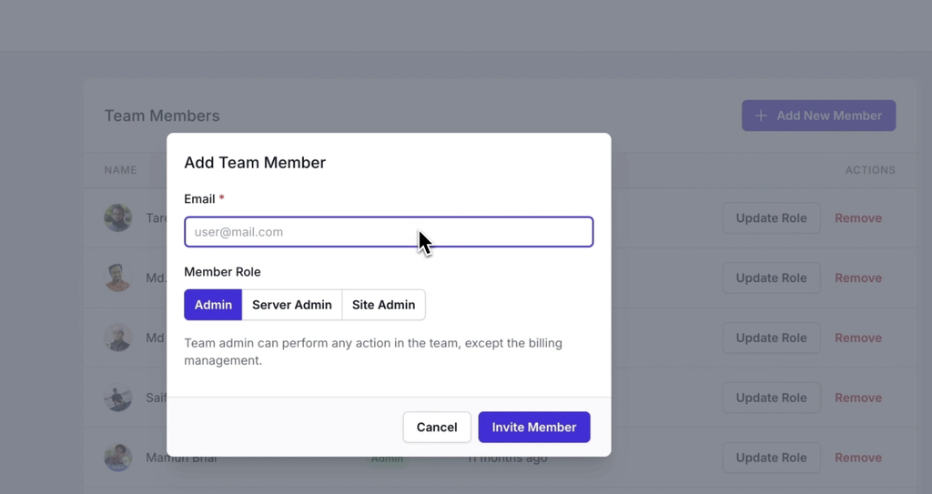FlyWP team permissions screen for assigning roles to servers and sites