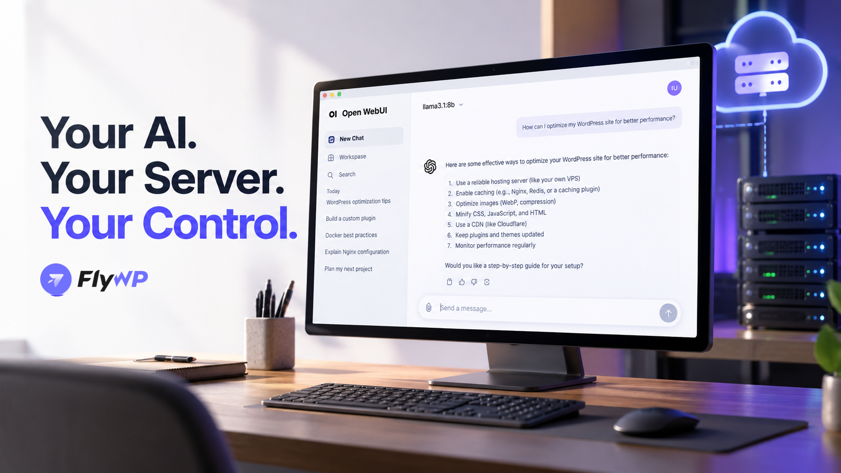 Your AI. Your Server. Your Control. FlyWP branding beside a desktop monitor showing the Open WebUI chat interface, with a glowing cloud server icon and server rack behind it.